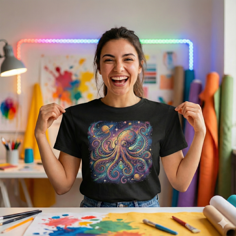 Cliente exibindo camiseta personalizada colorida