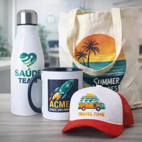 Brindes corporativos personalizados como canecas, bonés e camisetas