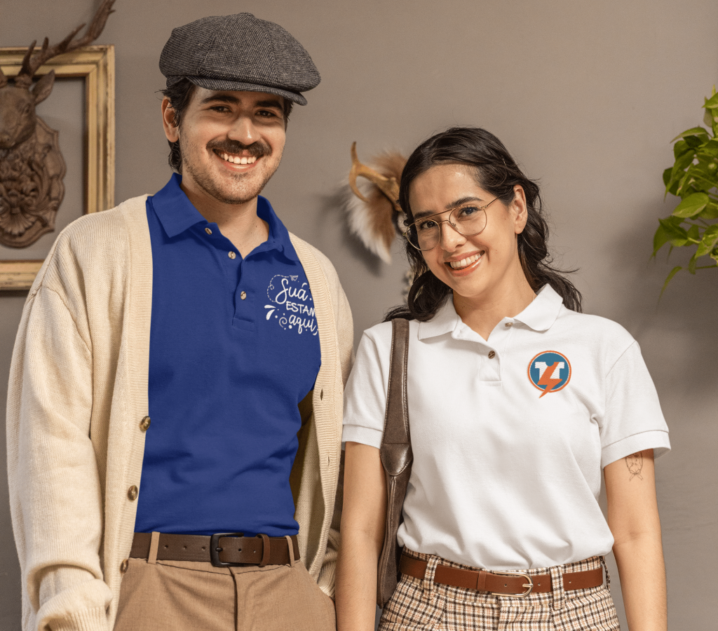 Polo Shirt Mockup Of A Man And A Woman Wearing Grandpacore Inspired Outfits At Home M40641